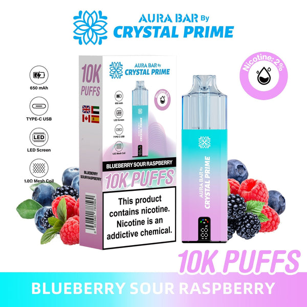 Flavour of Aura Bar By Crystal Prime 10000 Box of 5 - Blueberry Sour Raspberry