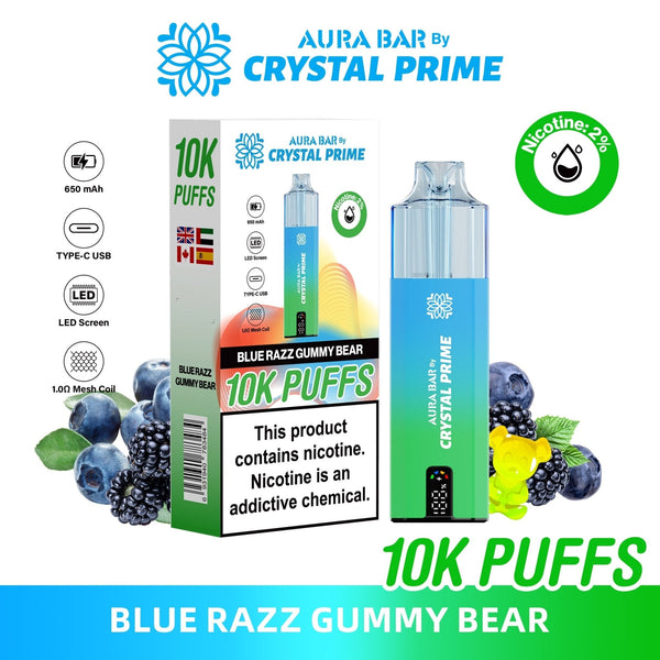 Flavour of Aura Bar By Crystal Prime 10000 Box of 5 - Blue Razz Gummy bear