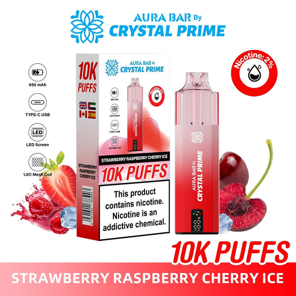 Flavour of Aura Bar By Crystal Prime 10000 Box of 5 - Strawberry Raspberry Cherry Ice