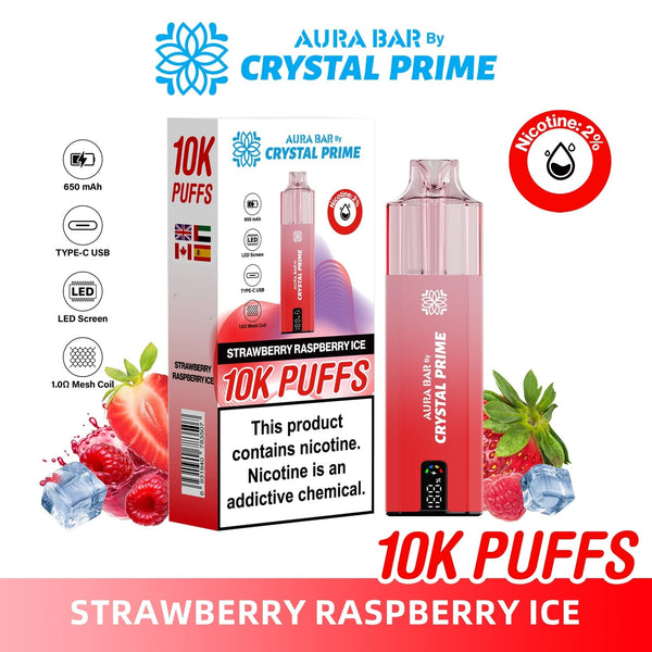 Flavour of Aura Bar By Crystal Prime 10000 Box of 5 - Strawberry Raspeberry Ice