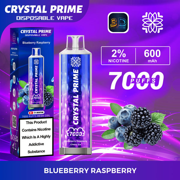Flavour of Crystal Prime 7000 Puff Disposable Vape Box of 10 - Blueberry Raspbeery