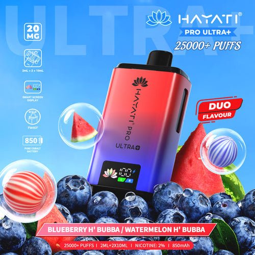 Hayati Pro Ultra Plus 25k Disposable Vape Box of 5 - Blueberry Hbubba and Watermelon Hbubba