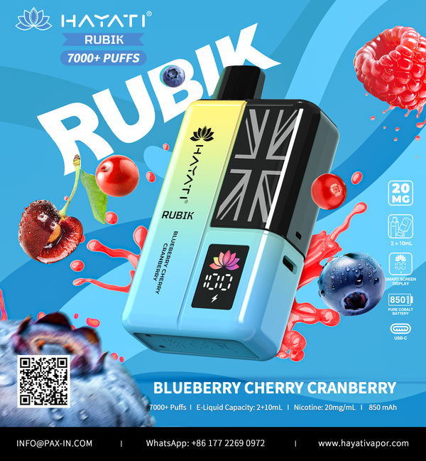 Hayati Rubik 7000 Dispsoable Vapes Pack of 5 with Flavour Blueberry Cherry Cranberry
