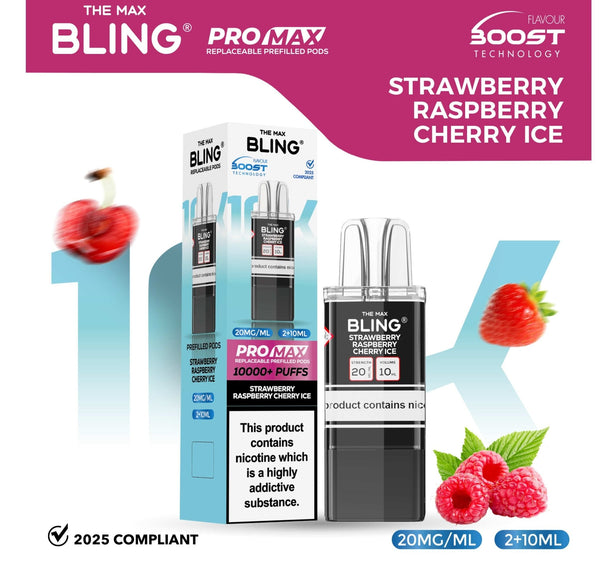 The Bling 10k Pro Max Replacement Pods (BOX OF 5) - Strawberry Raspberry Cherry Ice - vapeukwholesale