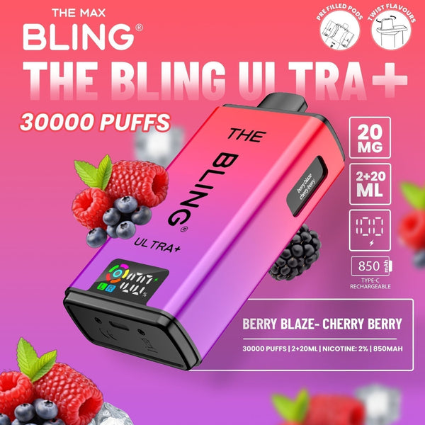 The Bling Ultra Plus 30k Prefilled Vape Pod Kit Box of 5 - Berry Blaze/Cherry Berry - vapeukwholesale