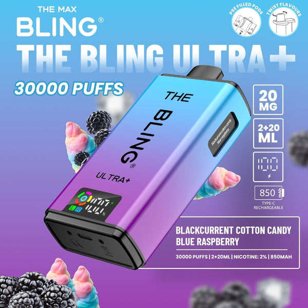 The Bling Ultra Plus 30k Prefilled Vape Pod Kit Box of 5 - Blackcurrant Cotton Candy/Blue Raspberry - vapeukwholesale