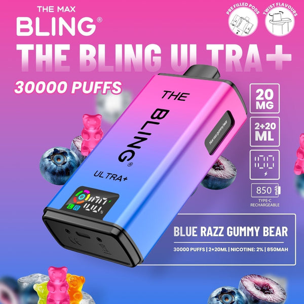 The Bling Ultra Plus 30k Prefilled Vape Pod Kit Box of 5 - Blue Razz Gummy Bear - vapeukwholesale