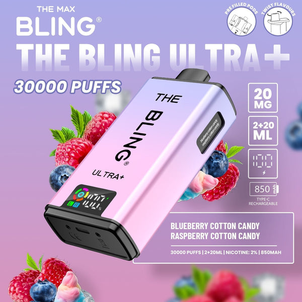 The Bling Ultra Plus 30k Prefilled Vape Pod Kit Box of 5 - Blueberry Cotton Candy/Raspberry Cotton Candy - vapeukwholesale