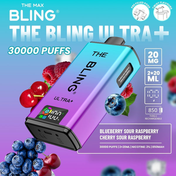 The Bling Ultra Plus 30k Prefilled Vape Pod Kit Box of 5 - Blueberry Sour Raspberry/Cherry Sour Raspberry - vapeukwholesale