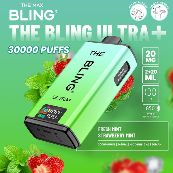 The Bling Ultra Plus 30k Prefilled Vape Pod Kit Box of 5 - Fresh Mint/Strawberry Mint - vapeukwholesale