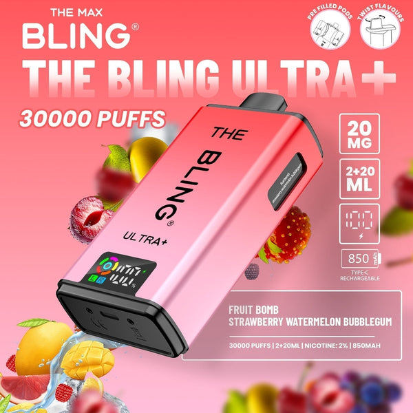The Bling Ultra Plus 30k Prefilled Vape Pod Kit Box of 5 - Fruit Bomb/Strawberry Watermelon Bubblegum - vapeukwholesale