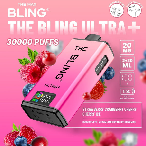 The Bling Ultra Plus 30k Prefilled Vape Pod Kit Box of 5 - Strawberry Cranberry Cherry/Cherry Ice - vapeukwholesale