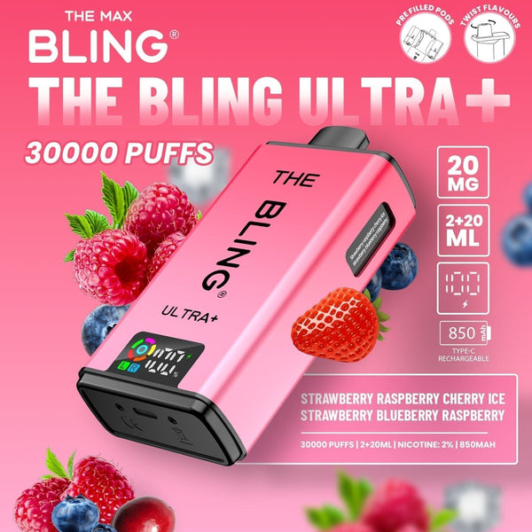 The Bling Ultra Plus 30k Prefilled Vape Pod Kit Box of 5 - Strawberry Raspberry Cherry Ice/Strawberry Blueberry Raspberry - vapeukwholesale