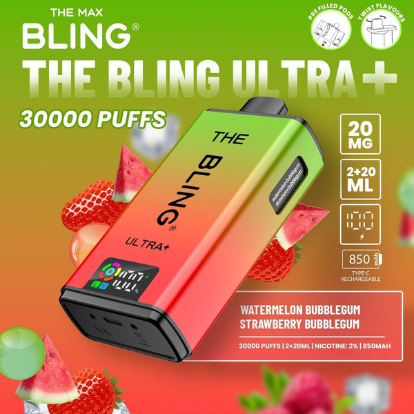The Bling Ultra Plus 30k Prefilled Vape Pod Kit Box of 5 - Watermelon Bubblegum/Strawberry Bubblegum - vapeukwholesale
