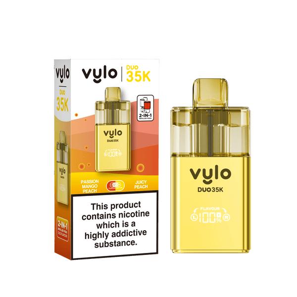 Vylo Duo 35k Prefilled 2 in 1 Pod Vape Box of 5 - Passion Mango Peach & Juicy Peach - vapeukwholesale
