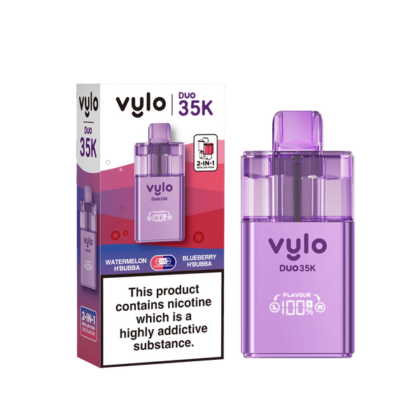 Vylo Duo 35k Prefilled 2 in 1 Pod Vape Box of 5 - Watermelon Hubba Bubba & Blueberry Hubba Bubba - vapeukwholesale