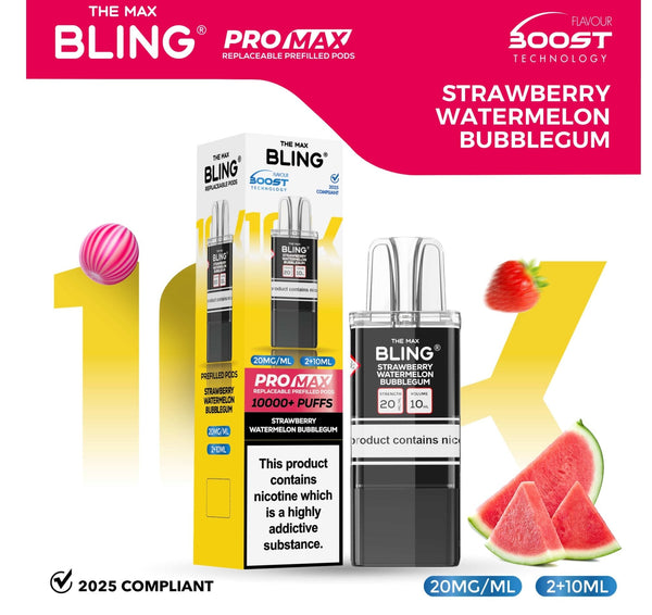 The Bling 10k Pro Max Replacement Pods (BOX OF 5) - Strawberry Watermelon Bubble Gum - vapeukwholesale